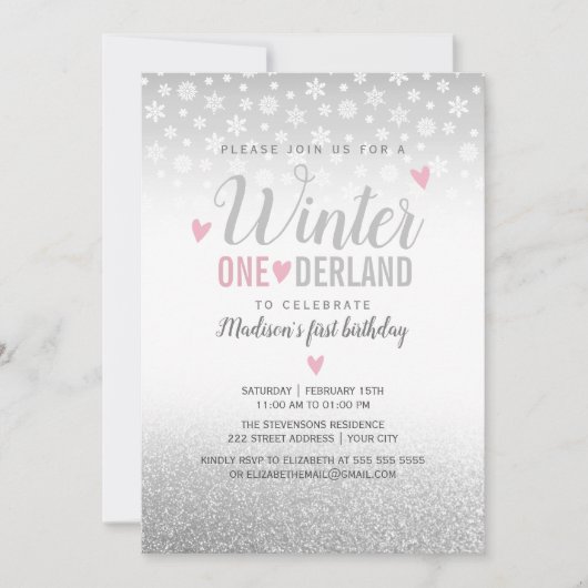 冬のオネダーランドピンクシルバー1歳の誕生日 招待状 (正面)