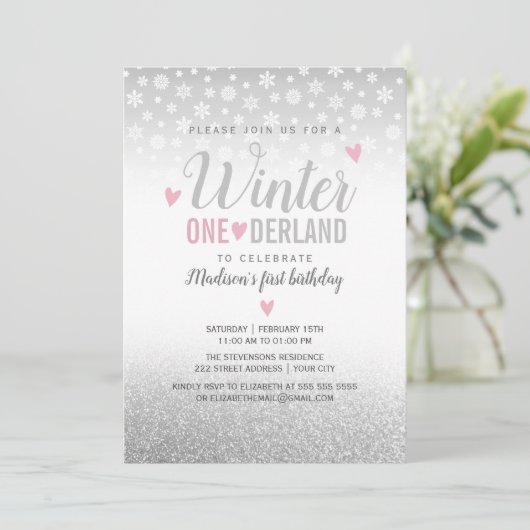 冬のオネダーランドピンクシルバー1歳の誕生日 招待状 (スタンド正面)