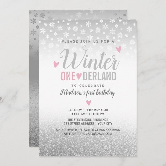 冬のオネダーランドピンクシルバー1歳の誕生日 招待状 (正面/裏面)