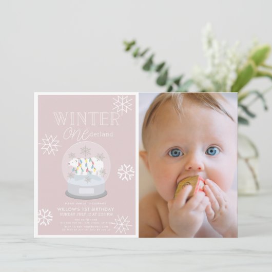 冬のオネダーランドピンク写真1st誕生日 招待状 (スタンド正面)