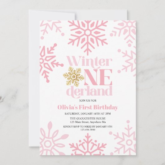 冬のオネダーランドピンク金ゴールドスノーフレーク1st誕生日 招待状 (正面)