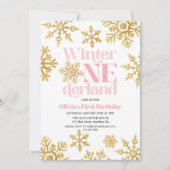 冬のオネダーランドピンク金ゴールドスノーフレーク1st誕生日 招待状 (正面)