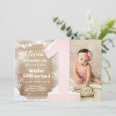 冬のオネダーランドピンク雪の結晶ガール1st誕生日 招待状 (スタンド正面)