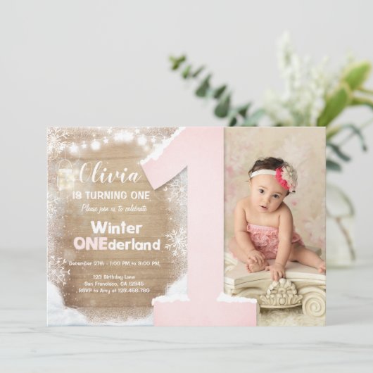 冬のオネダーランドピンク雪の結晶ガール1st誕生日 招待状 (スタンド正面)