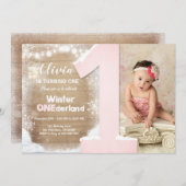 冬のオネダーランドピンク雪の結晶ガール1st誕生日 招待状 (正面/裏面)