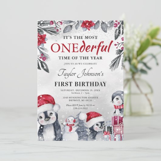 冬のオネダーランドペンギンのクリスマス1回目の誕生日 招待状 (スタンド正面)