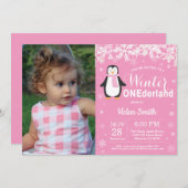 冬のオネダーランドペンギン少女1歳の誕生日 招待状 (正面/裏面)