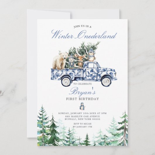 冬のオネダーランド動物チノワセリー1歳の誕生日 招待状 (正面)