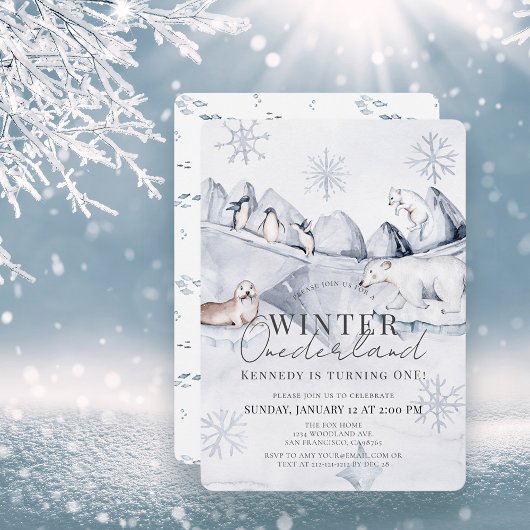 冬のオネダーランド北極動物の誕生日 招待状