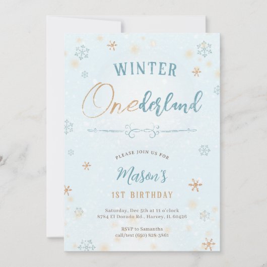 冬のオネダーランド最初のスノーフレーク少年1歳の誕生日 招待状 (正面)