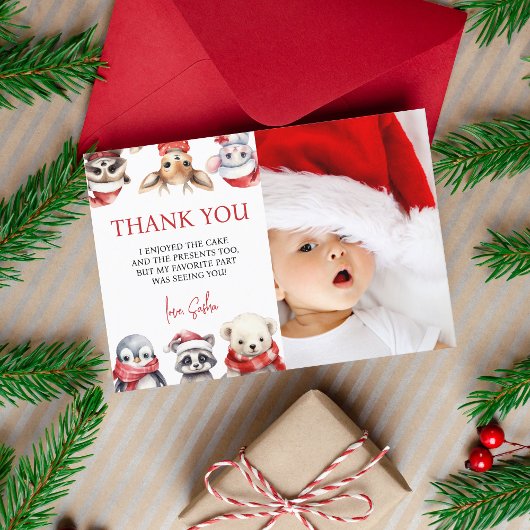 冬のオネダーランド最初の誕生日の動物 サンキューカード