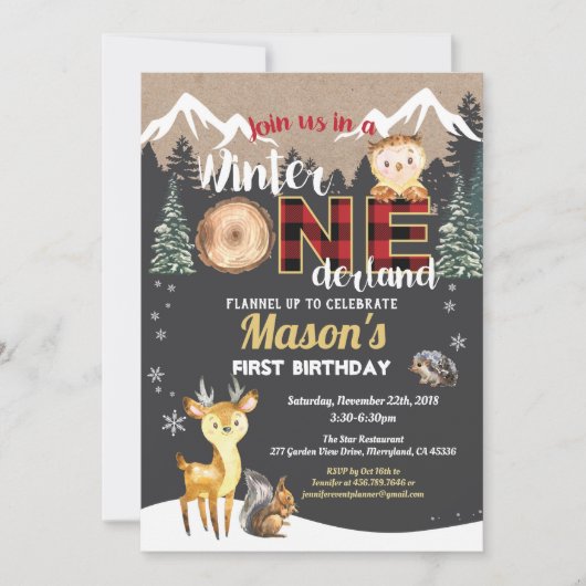 冬のオネダーランド森林動物の初誕生日 招待状 (正面)
