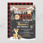 冬のオネダーランド森林動物の初誕生日 招待状 (正面/裏面)