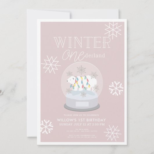 冬のオネダーランド極熊ピンク1歳の誕生日 招待状 (正面)