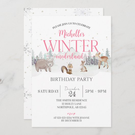 冬のオネダーランド誕生日、動物の最初の誕生日 招待状 (正面/裏面)