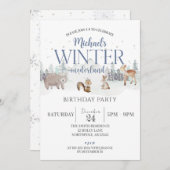 冬のオネダーランド誕生日、動物の最初の誕生日 招待状 (正面/裏面)