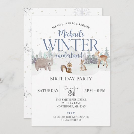 冬のオネダーランド誕生日、動物の最初の誕生日 招待状 (正面/裏面)