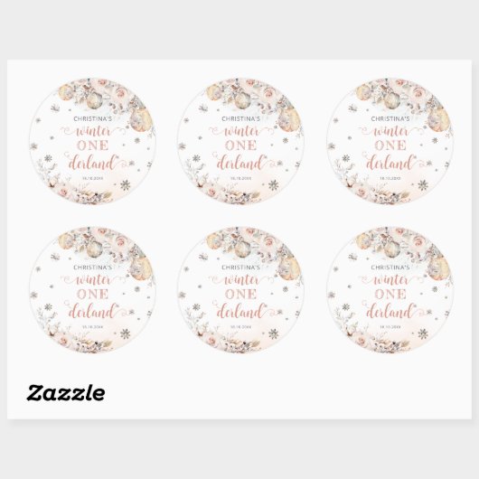 冬のオネダーランド金ゴールドピンクの最初の誕生日 ラウンドシール (シート)