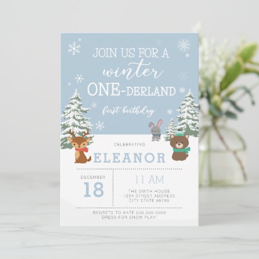 冬のオネダーランド1歳の誕生日の招待の動物 招待状 (スタンド正面)