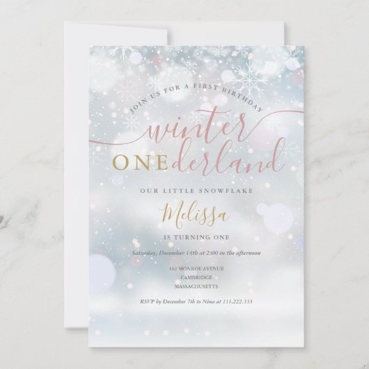 冬のオネダーランド1st誕生日ピンクと金ゴールド 招待状 (正面)