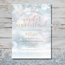冬のオネダーランド1st誕生日ピンクと金ゴールド 招待状