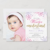 冬のオネダーランド1st誕生日ベビーガールピンク 招待状 (正面)