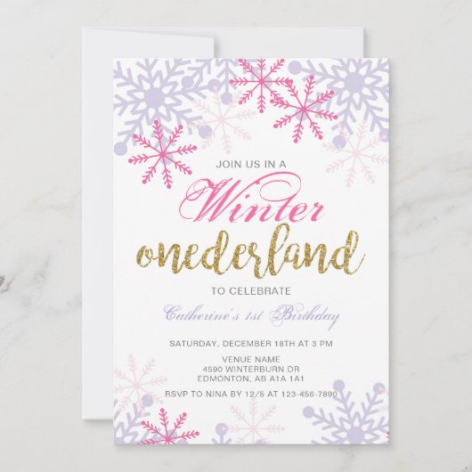 冬のオネダーランド1st誕生日ベビーガールピンク 招待状 (正面)