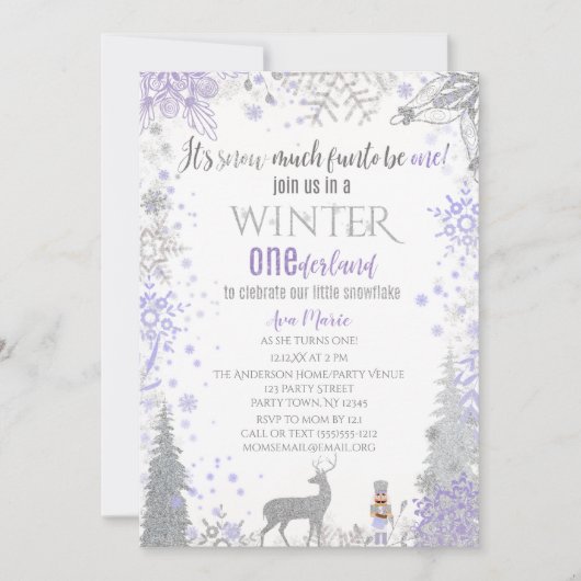 冬のオネダーランド1st誕生日ラベンダースノーフレーク 招待状 (正面)
