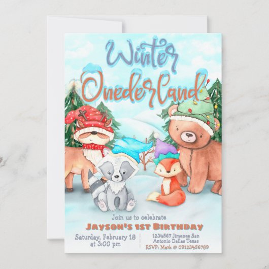 冬のオネダーランド – 1歳の誕生日 招待状 (正面)
