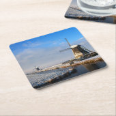 冬のオランダの風景の雪の風車 スクエアペーパーコースター (アングル)