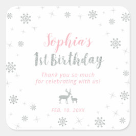 冬のオランダ、シルバー&ピンクの誕生日 スクエアシール