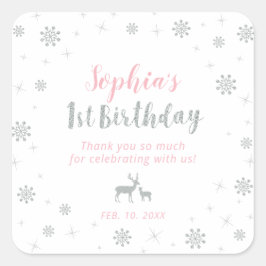 冬のオランダ、シルバー&ピンクの誕生日 スクエアシール