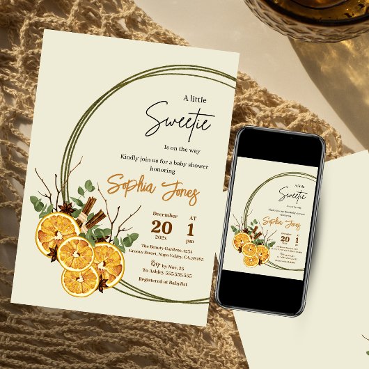 冬のオレンジのスライス柑橘系ベビーシャワー 招待状