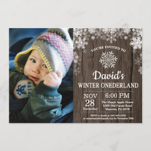冬のオンダーランドのスノーフレーク1歳の誕生日 招待状