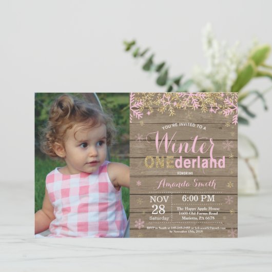 冬のオンダーランドピンクと金ゴールドガール1歳の誕生日 招待状 (スタンド正面)