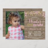 冬のオンダーランドピンクと金ゴールドガール1歳の誕生日 招待状 (正面/裏面)