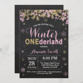 冬のオンダーランドピンクと金ゴールドガール1歳の誕生日 招待状 (正面/裏面)