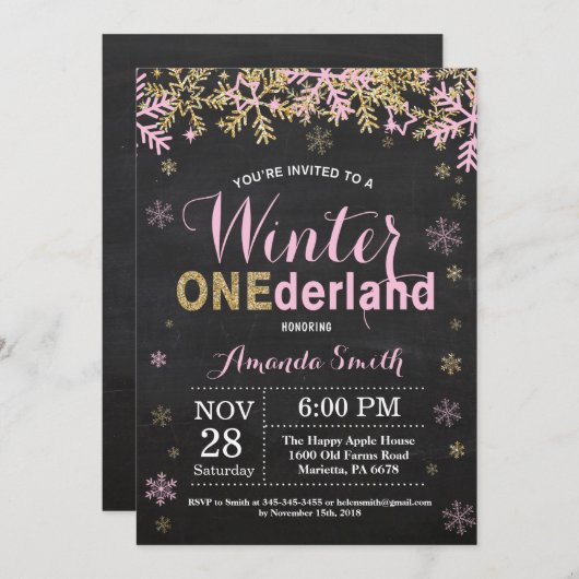 冬のオンダーランドピンクと金ゴールドガール1歳の誕生日 招待状 (正面/裏面)