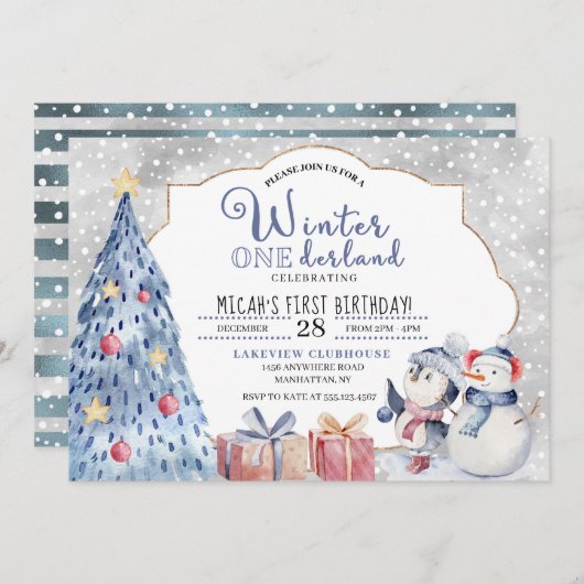 冬のオンダーランドファースト誕生日クリスマス 招待状 (正面/裏面)