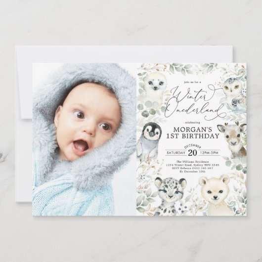 冬のオンダーランド北極動物緑誕生日 招待状 (正面)