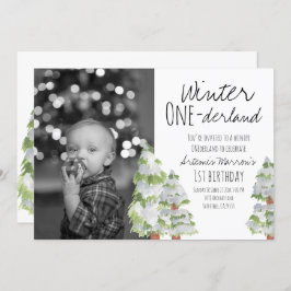冬のオンダーランド森林1歳誕生日パーティー招待状 招待状