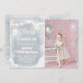 冬のオンダーランド誕生パーティー招待状スノーピンク 招待状 (正面/裏面)