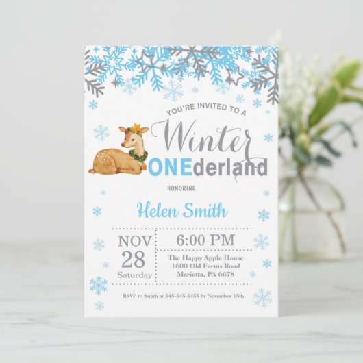 冬のオンダーランド鹿少年1歳の誕生日 招待状 (スタンド正面)
