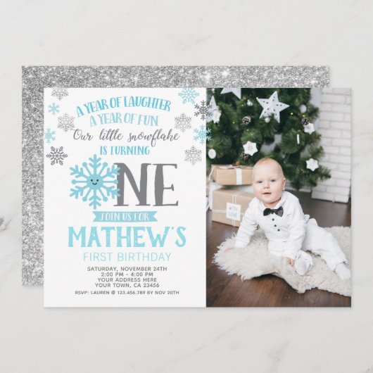 冬のオンダーランド1歳誕生日招待状写真 招待状 (正面/裏面)