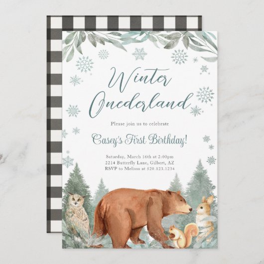 冬のオンダーランド ウッドランド動物パーティー招待状 招待状 (正面/裏面)