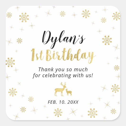 冬のオンダーランド、カスタム金ゴールド1st誕生日ステッカー スクエアシール (正面)