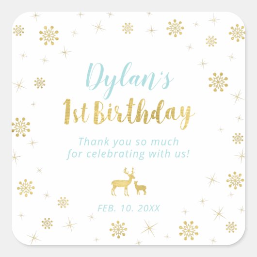 冬のオンダーランド、カスタム金ゴールド1st誕生日ステッカー スクエアシール (正面)