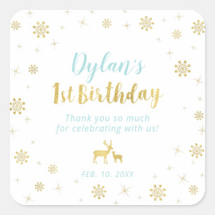 冬のオンダーランド、カスタム金ゴールド1st誕生日ステッカー スクエアシール