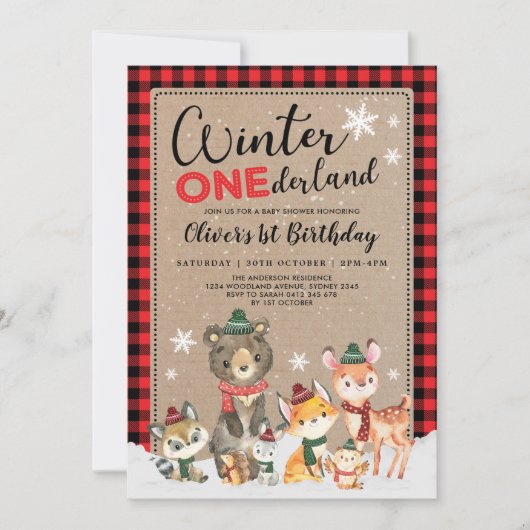 冬のオーダーランドウッドランドアニマルズ1st誕生日 招待状 (正面)