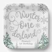 冬のオーダーランド雪の冬の森の最初の誕生日 ペーパープレート (正面)